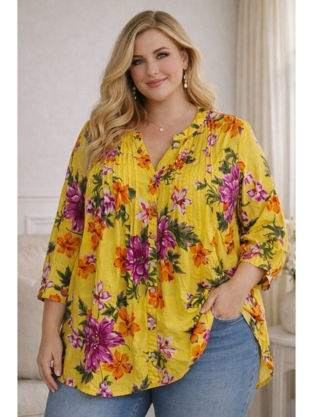 Roaman’s Women’s  Floral Tunic Top Plus Size 20W Floral Button Down Lightweight
